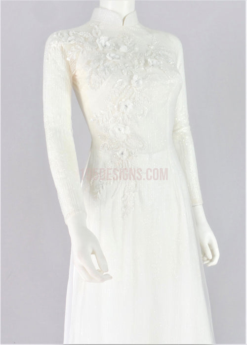 White Ao Dai Crystal Lace Wedding - Ao Dai Kết Hoa 3D  ( Hoa 1 Bên)