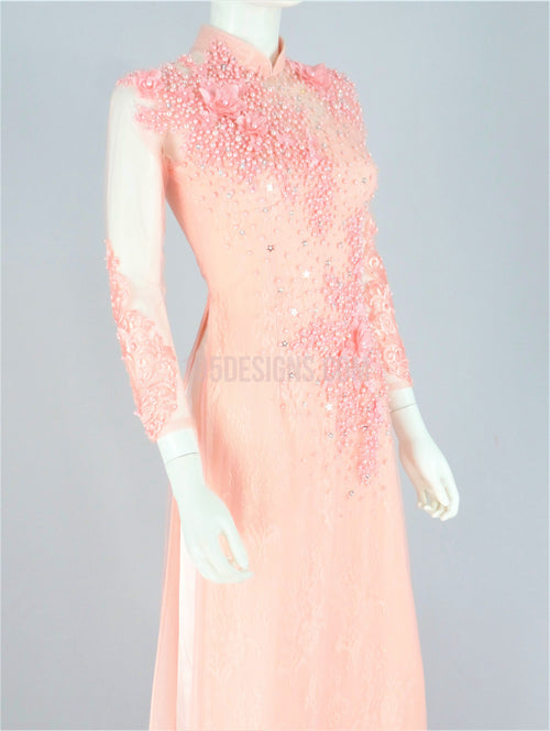 Pink Vietnamese Long Dress / Áo Dài Hồng Hoa 3D