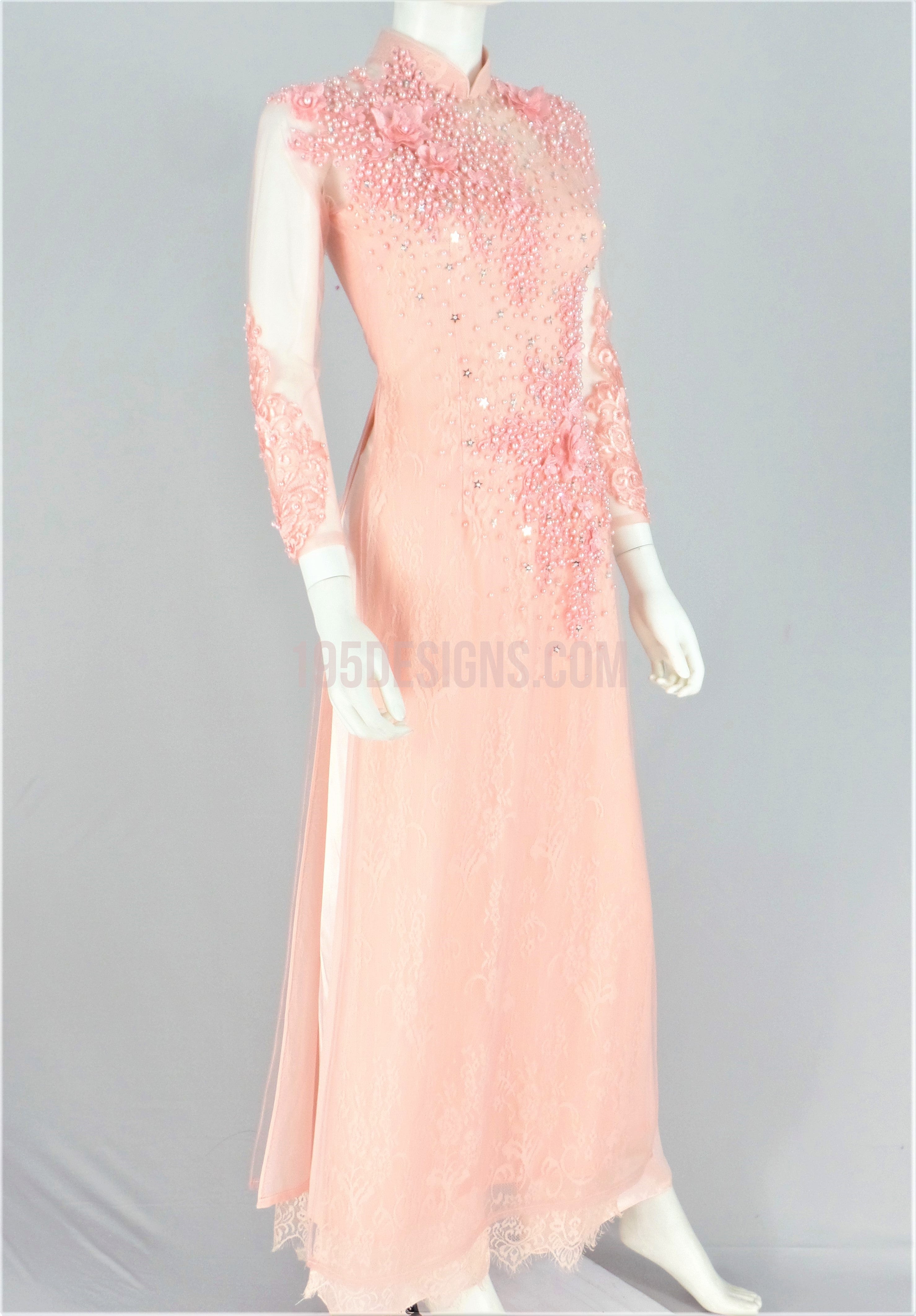 Pink Vietnamese Long Dress / Áo Dài Hồng Hoa 3D