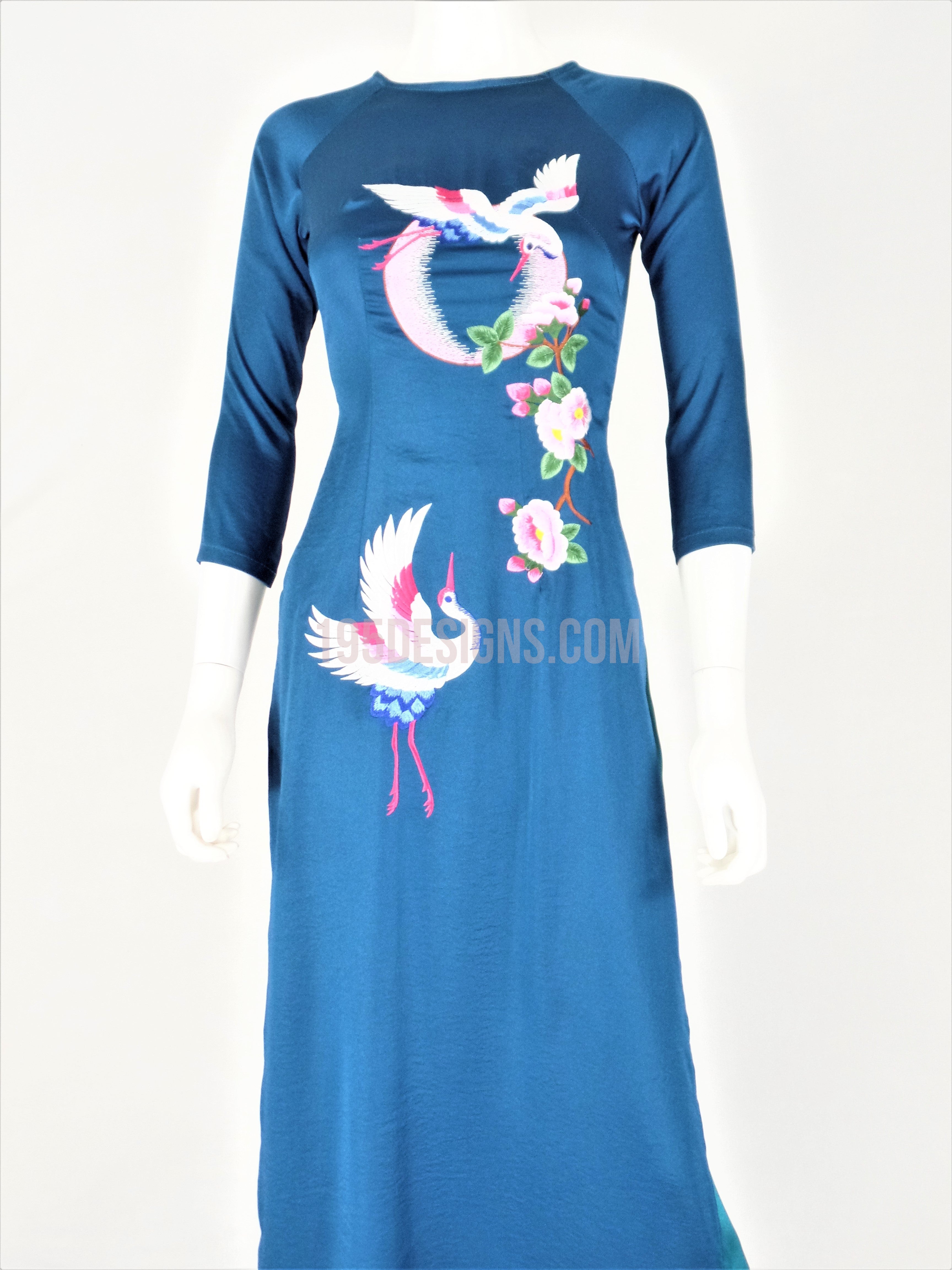 Áo Dài Lụa Xanh Dương Thêu Hoa | Blue silk Ao Dai Flower Embroidery