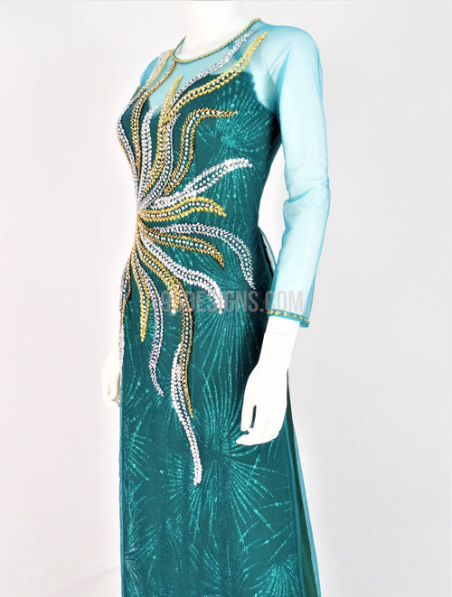 Green Crystal Vietnamese Long Dress / Áo Dài Xanh Đính Đá Cườm