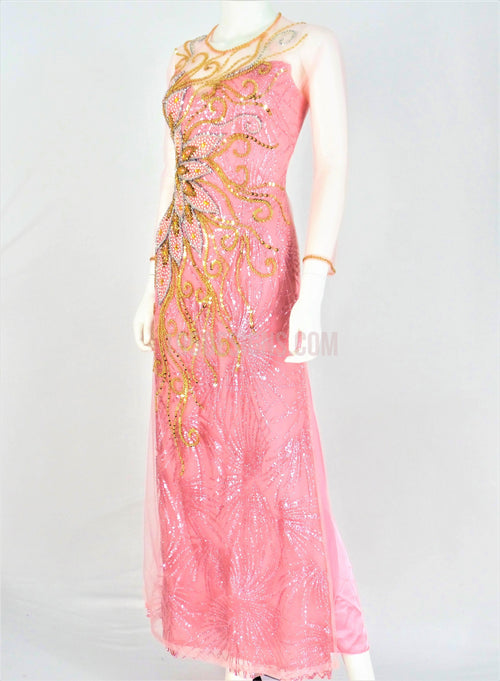 Pink Crystal Vietnamese Long Dress / Áo Dài Hồng Đính Đá Cườm