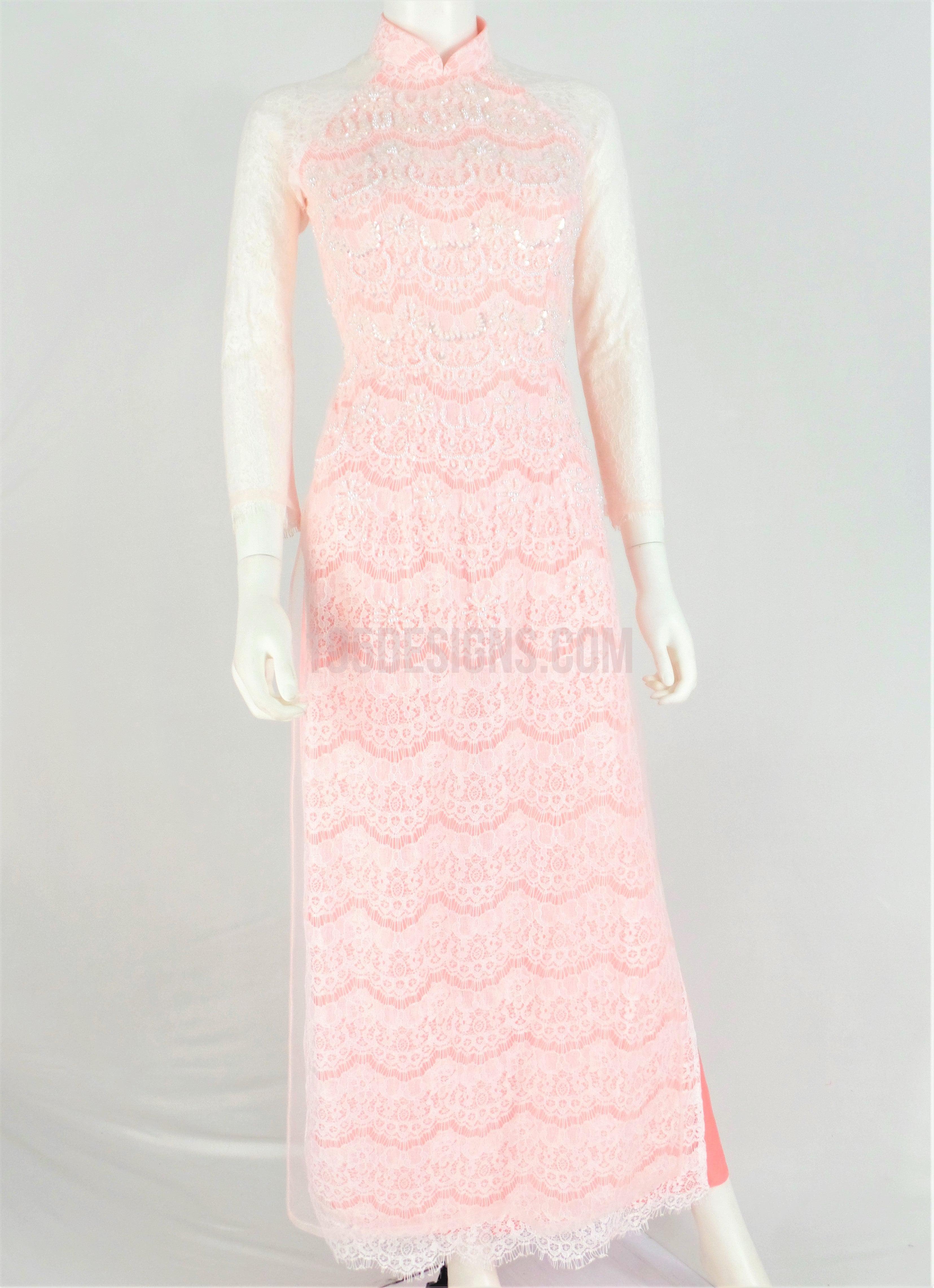 Pink Vietnamese Long Dress / Áo Dài Ren Hồng Kết Cườm