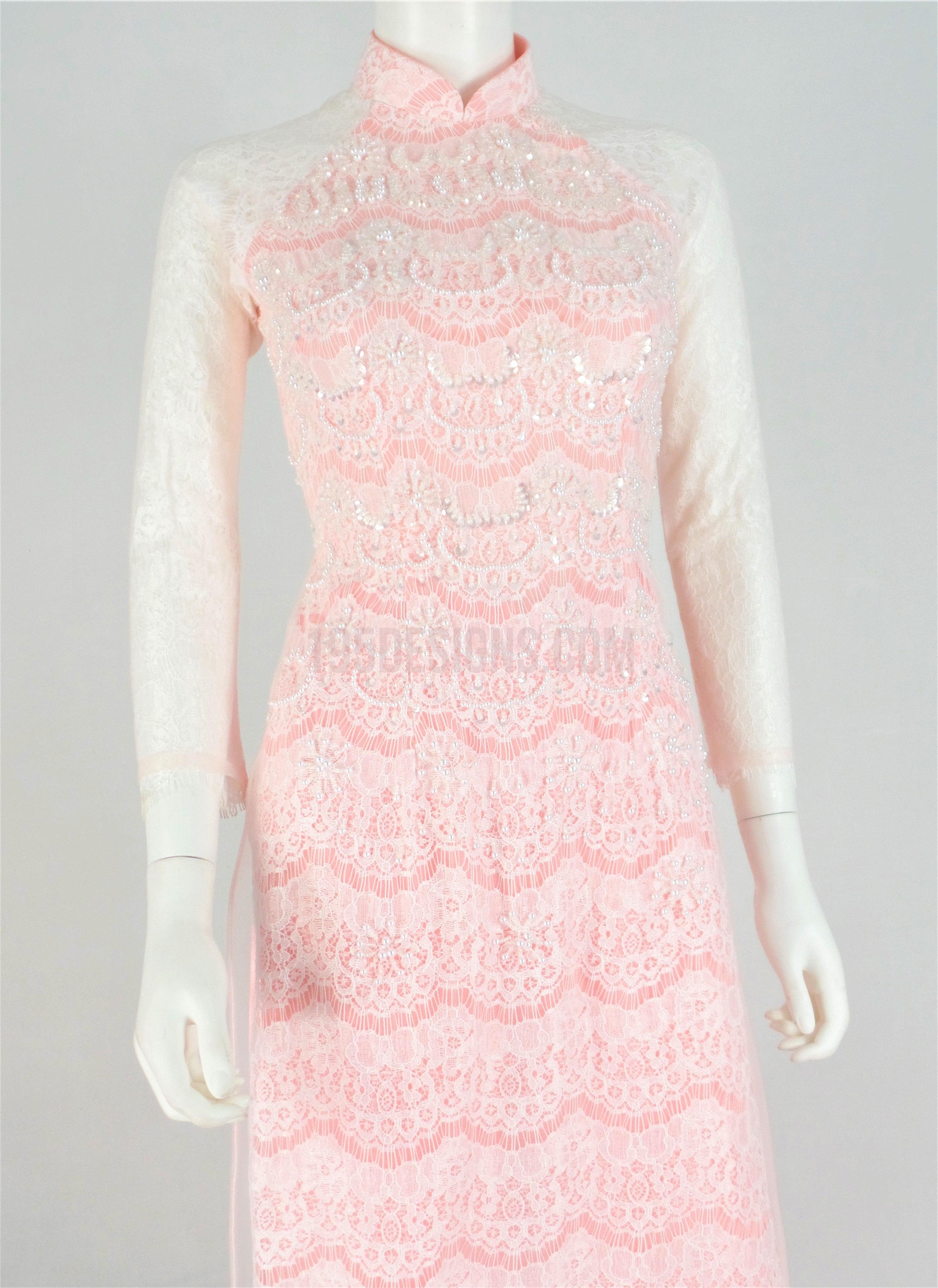 Pink Vietnamese Long Dress / Áo Dài Ren Hồng Kết Cườm