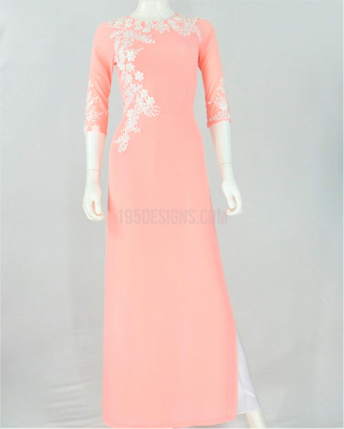 Pink Vietnamese Long Dress / Áo Dài Hồng Kết Cườm