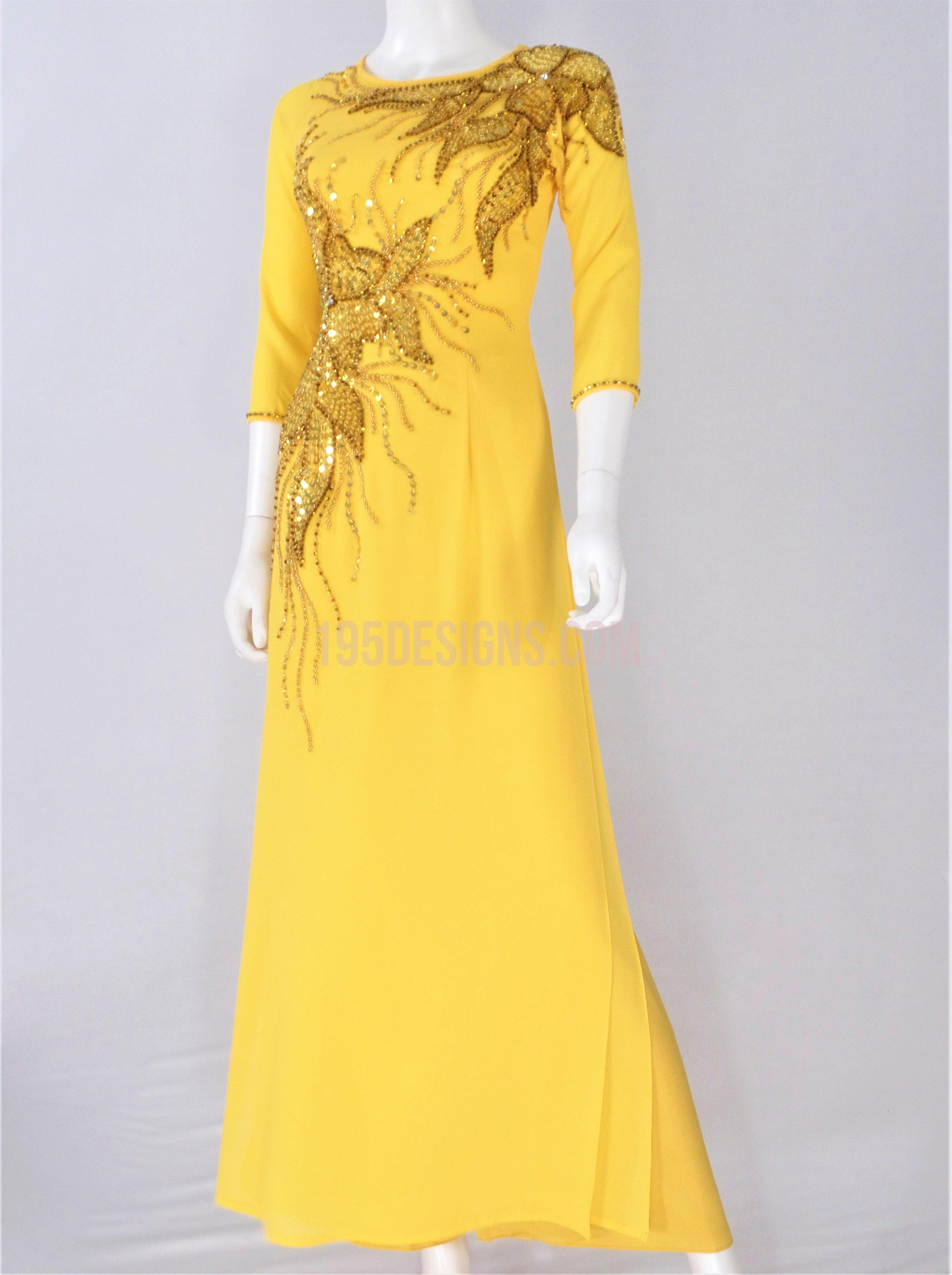 Yellow Vietnamese Long Dress / Áo Dài Vàng Kết Cườm