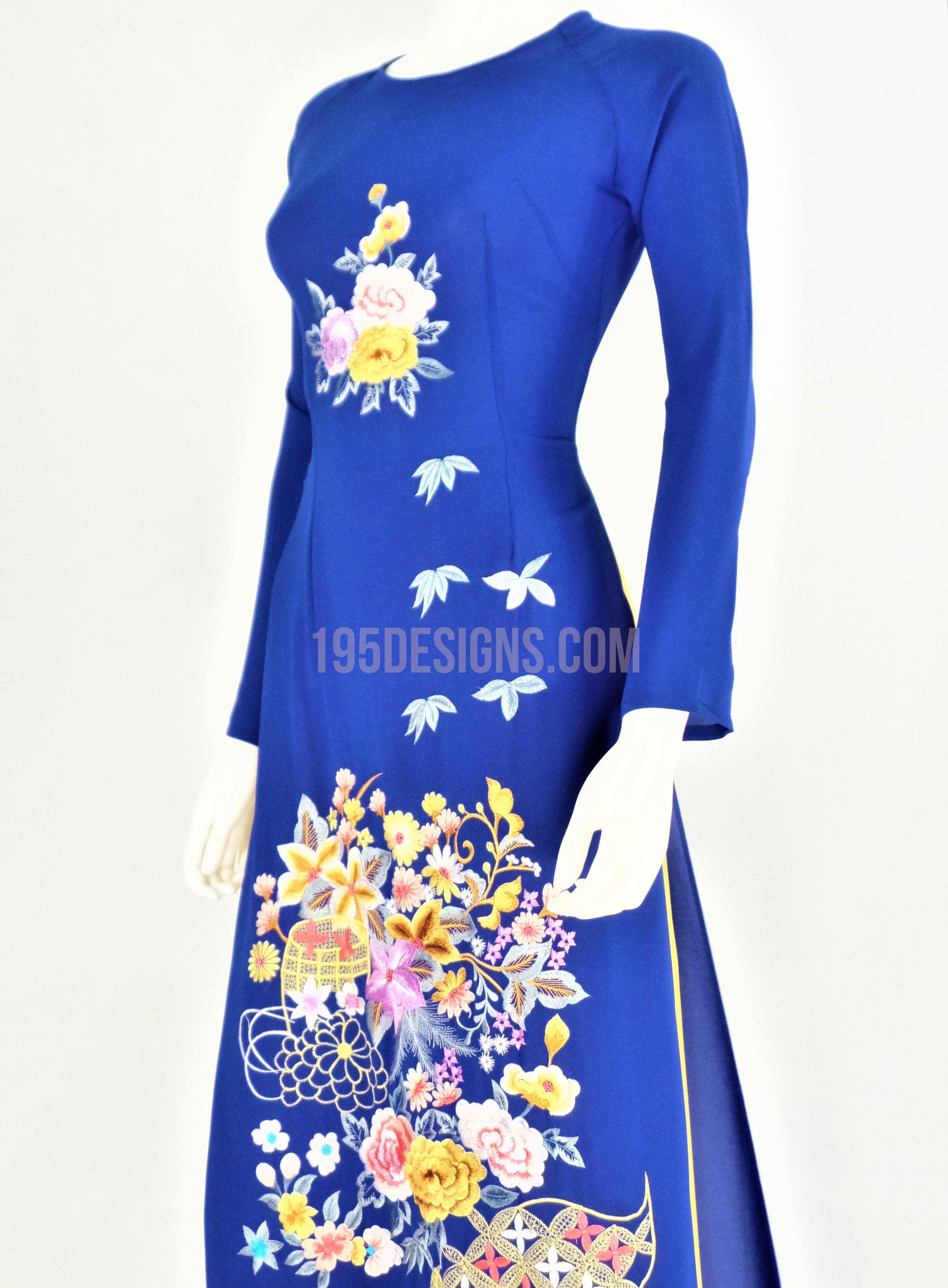 Áo Dài Lụa Xanh Dương Thêu Hoa | Blue Silk Ao Dai Flower Embroidery