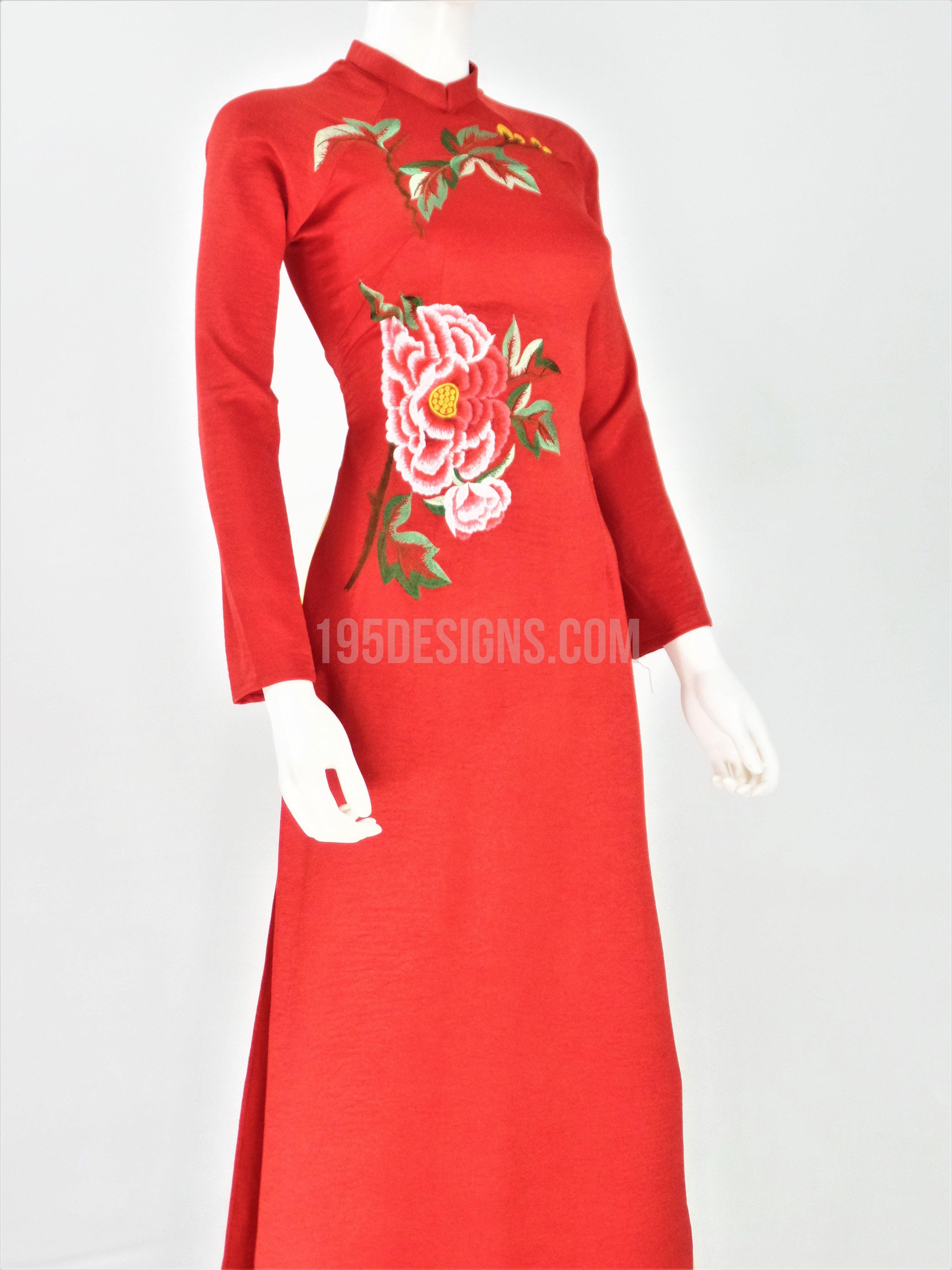 Áo Dài Lụa Đỏ Thêu Hoa | Red Silk Ao Dai Flower Embroidery