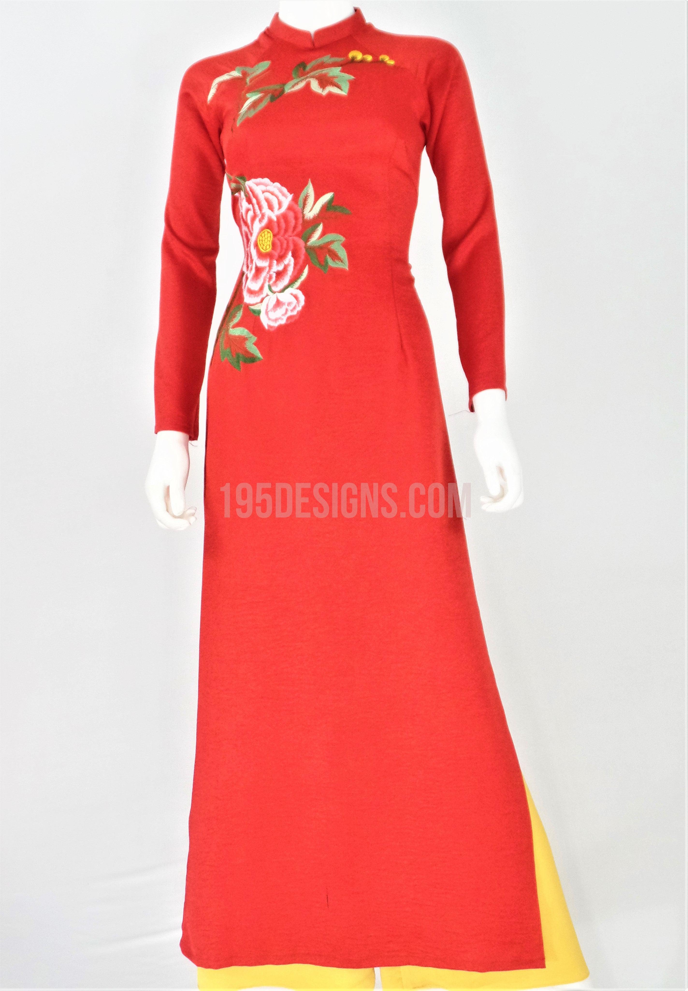 Áo Dài Lụa Đỏ Thêu Hoa | Red Silk Ao Dai Flower Embroidery