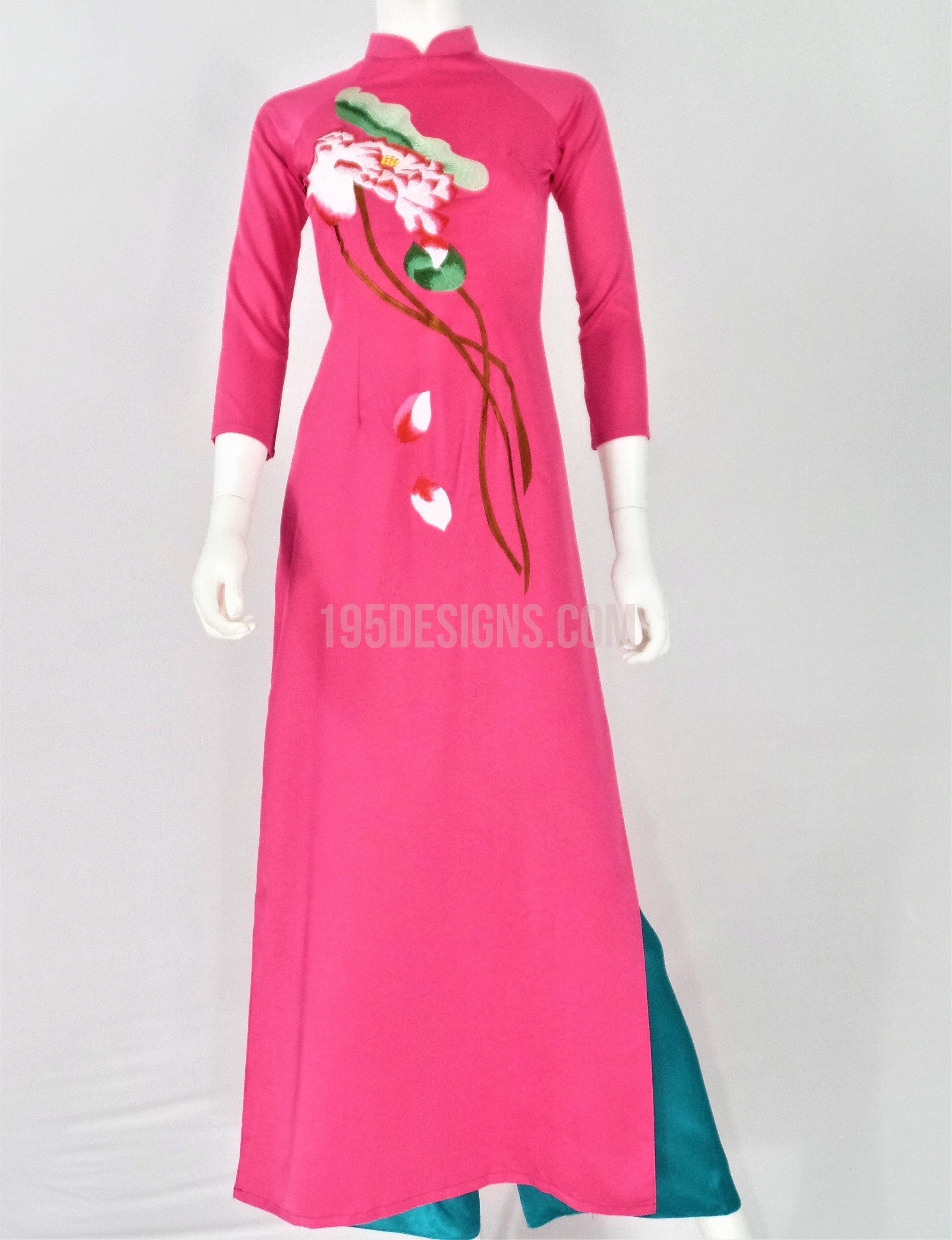 Áo Dài Lụa Hồng Sen Thêu  | Pink Flower Embroidery Ao Dai