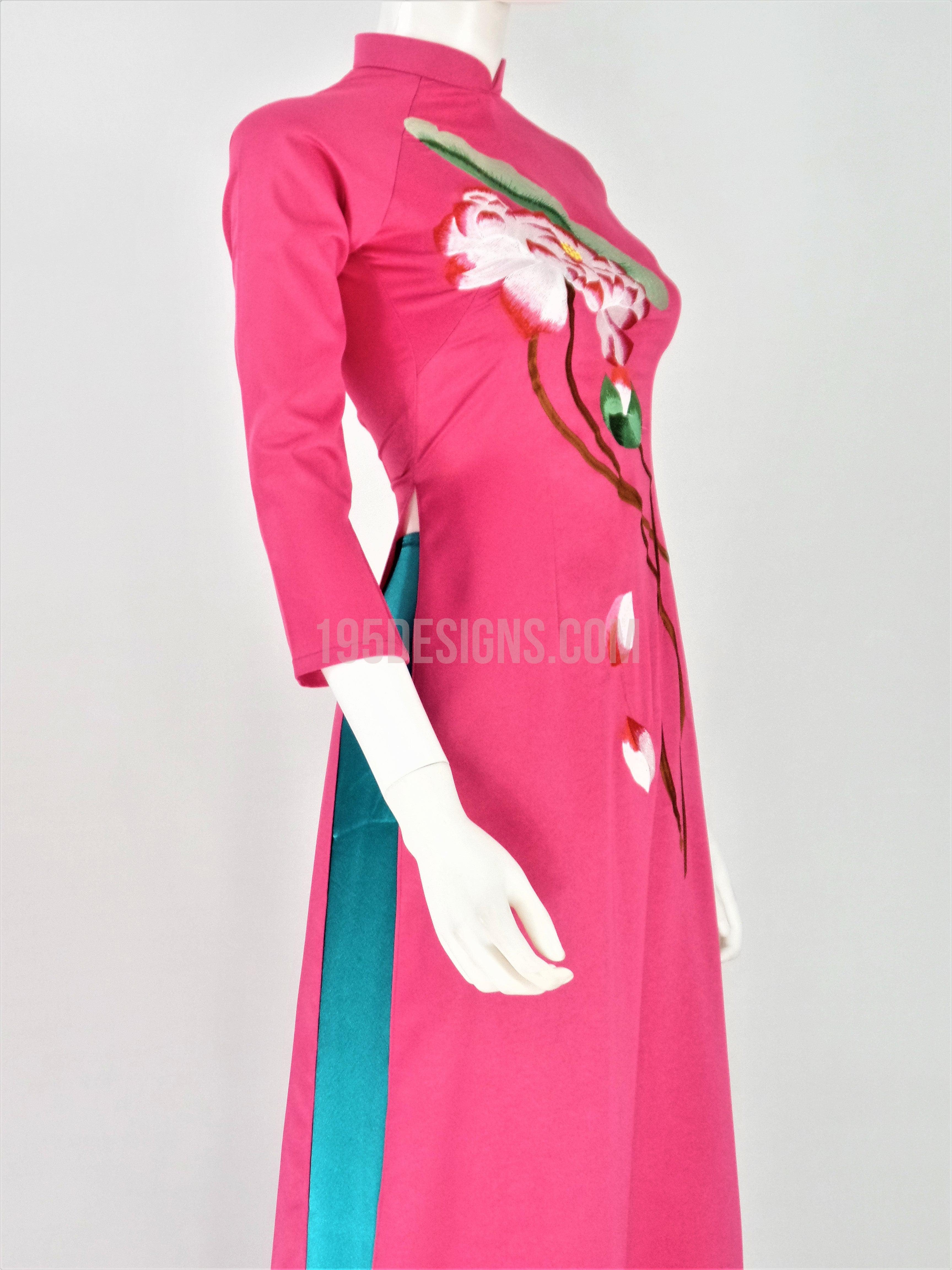 Áo Dài Lụa Hồng Sen Thêu  | Pink Flower Embroidery Ao Dai