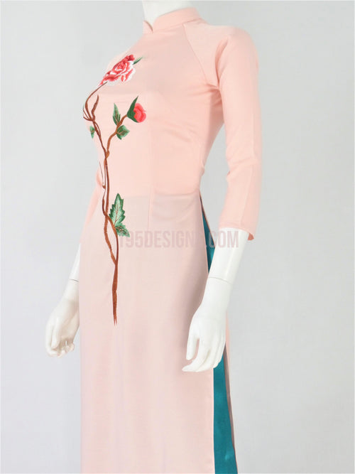 Áo Dài Lụa Hồng Thêu Hoa | Pink Ao Dai Flower Embroidery