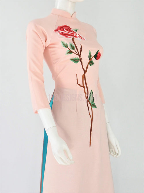 Áo Dài Lụa Hồng Thêu Hoa | Pink Ao Dai Flower Embroidery