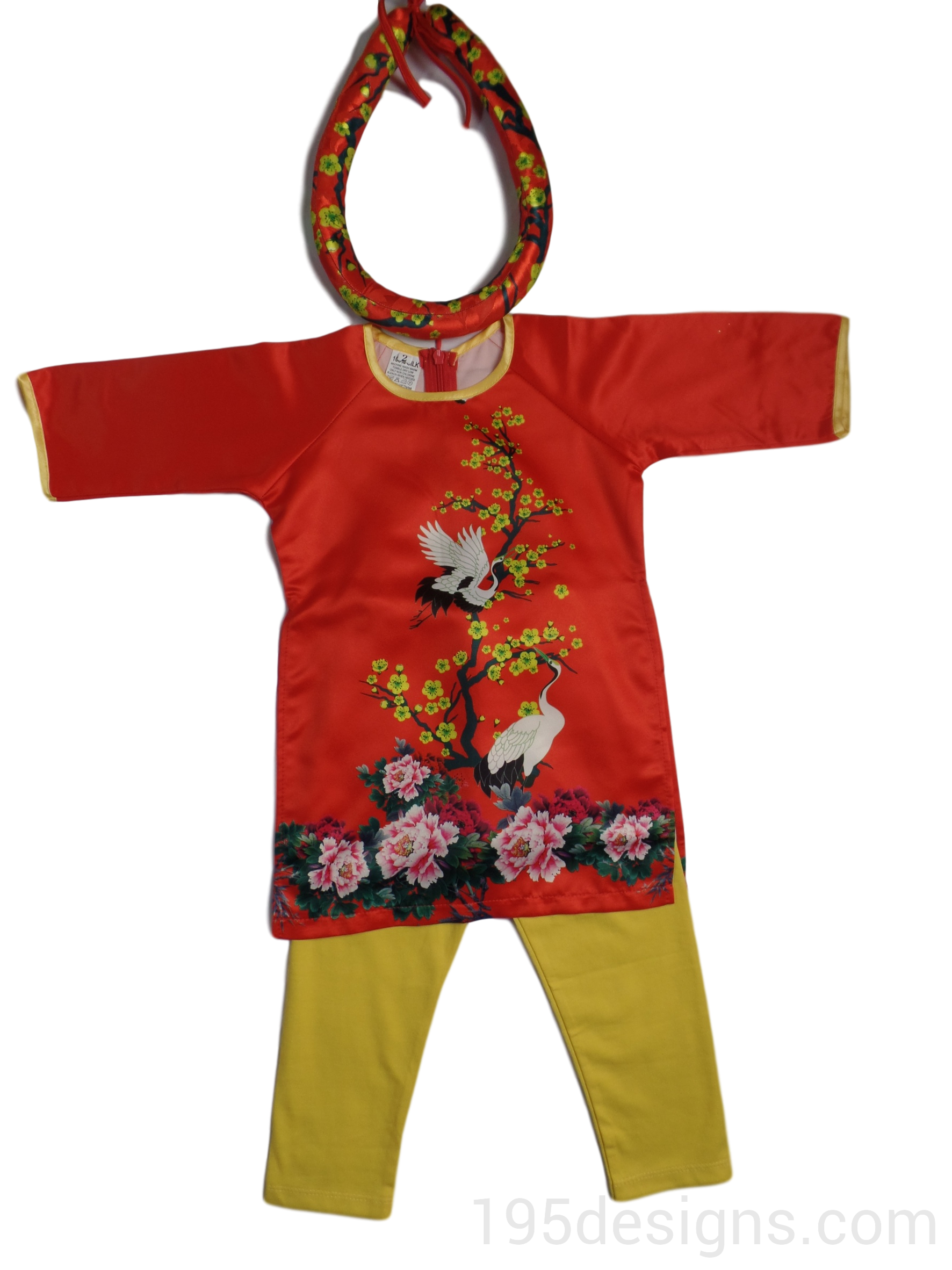 Red Ao Dai Apricot Blossom Baby Girl Viet Nam Traditional Long Dress Kid Set - Hoa Mai