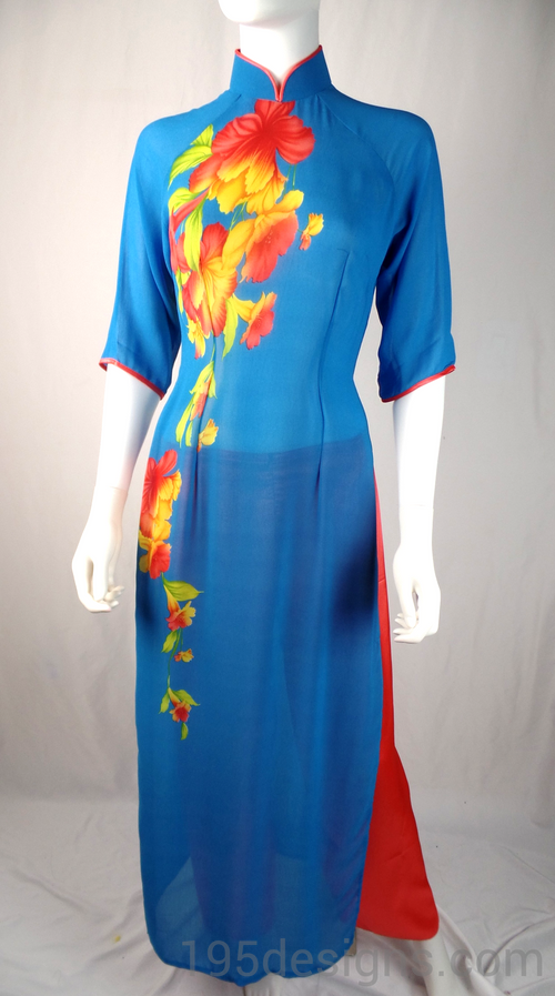 Blue Ao Dai Red and Yellow Spring Flower New Year Set | Hoa Tet