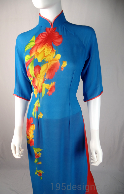 Blue Ao Dai Red and Yellow Spring Flower New Year Set | Hoa Tet