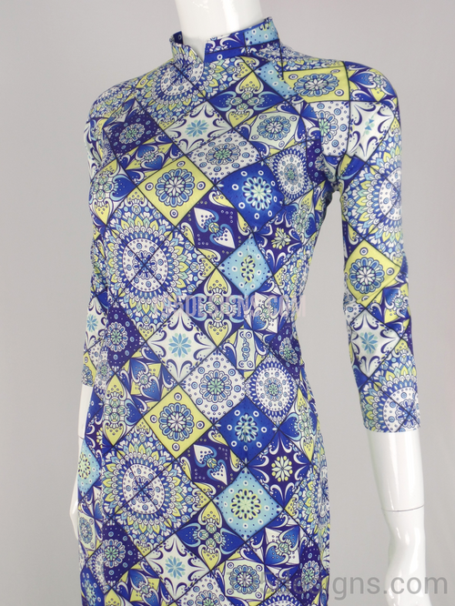 Ao Dai Cô Ba Sài Gòn Gạch Xanh Dương Quần Lá Mạ