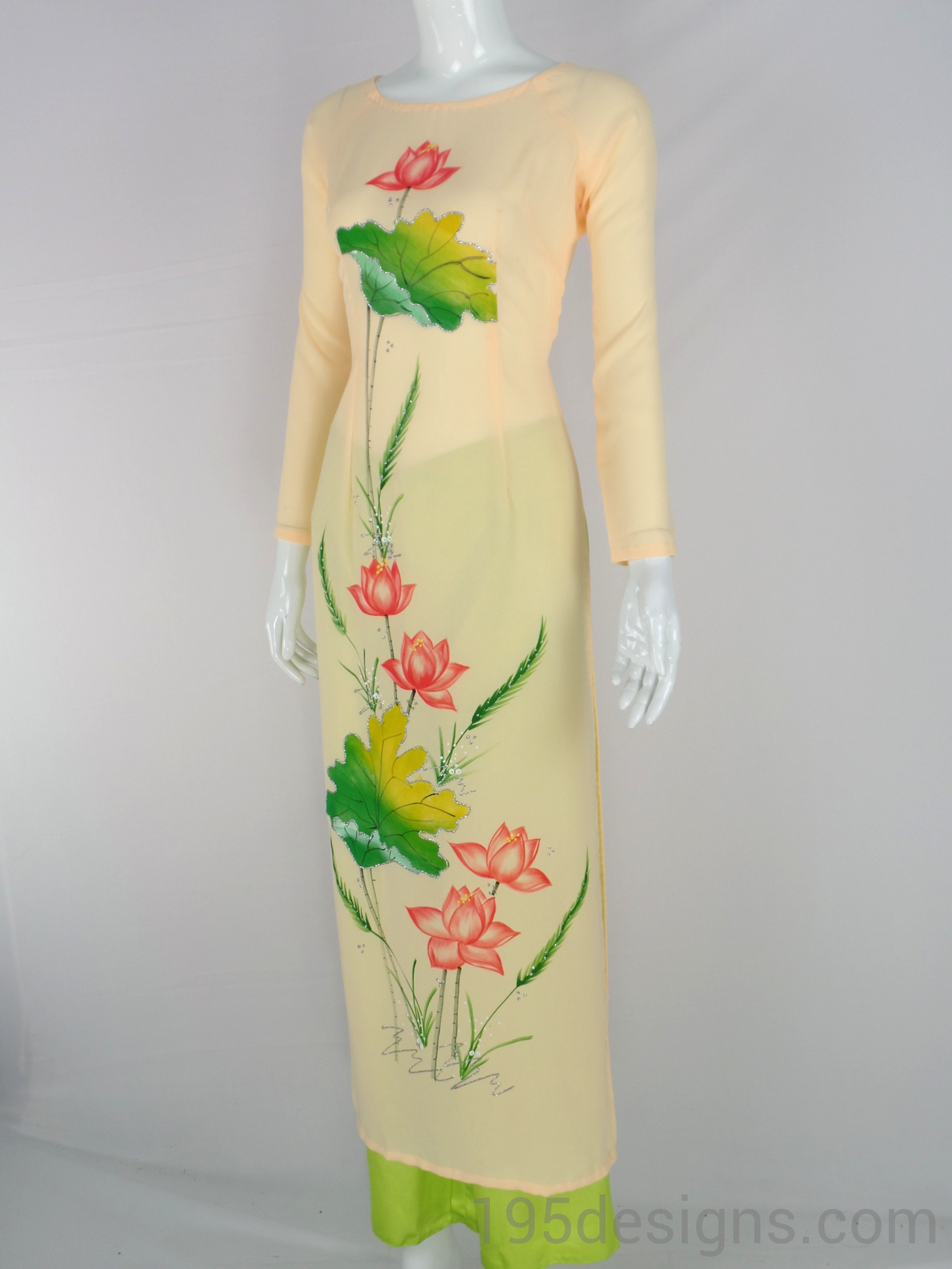 ÁO DÀI Vàng In Hoa Sen | Yellow AO DAI print Lotus flower Set Size 7