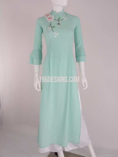 ÁO DÀI Xanh Kết Hoa Vải Tay Loe  | Blue Mint AO DAI Trumpet Sleeve Set