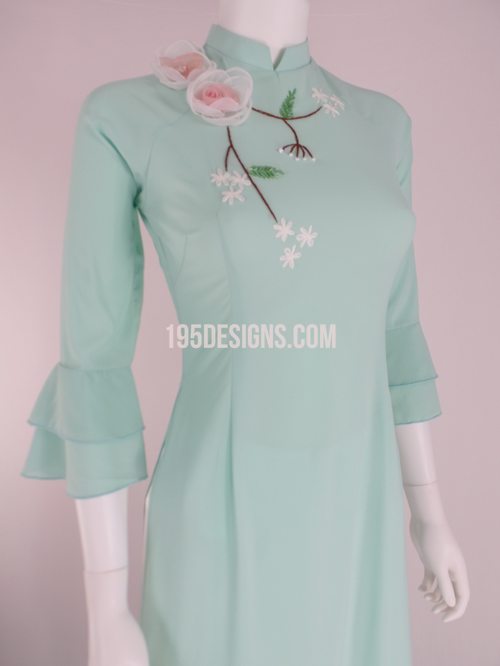 ÁO DÀI Xanh Kết Hoa Vải Tay Loe  | Blue Mint AO DAI Trumpet Sleeve Set