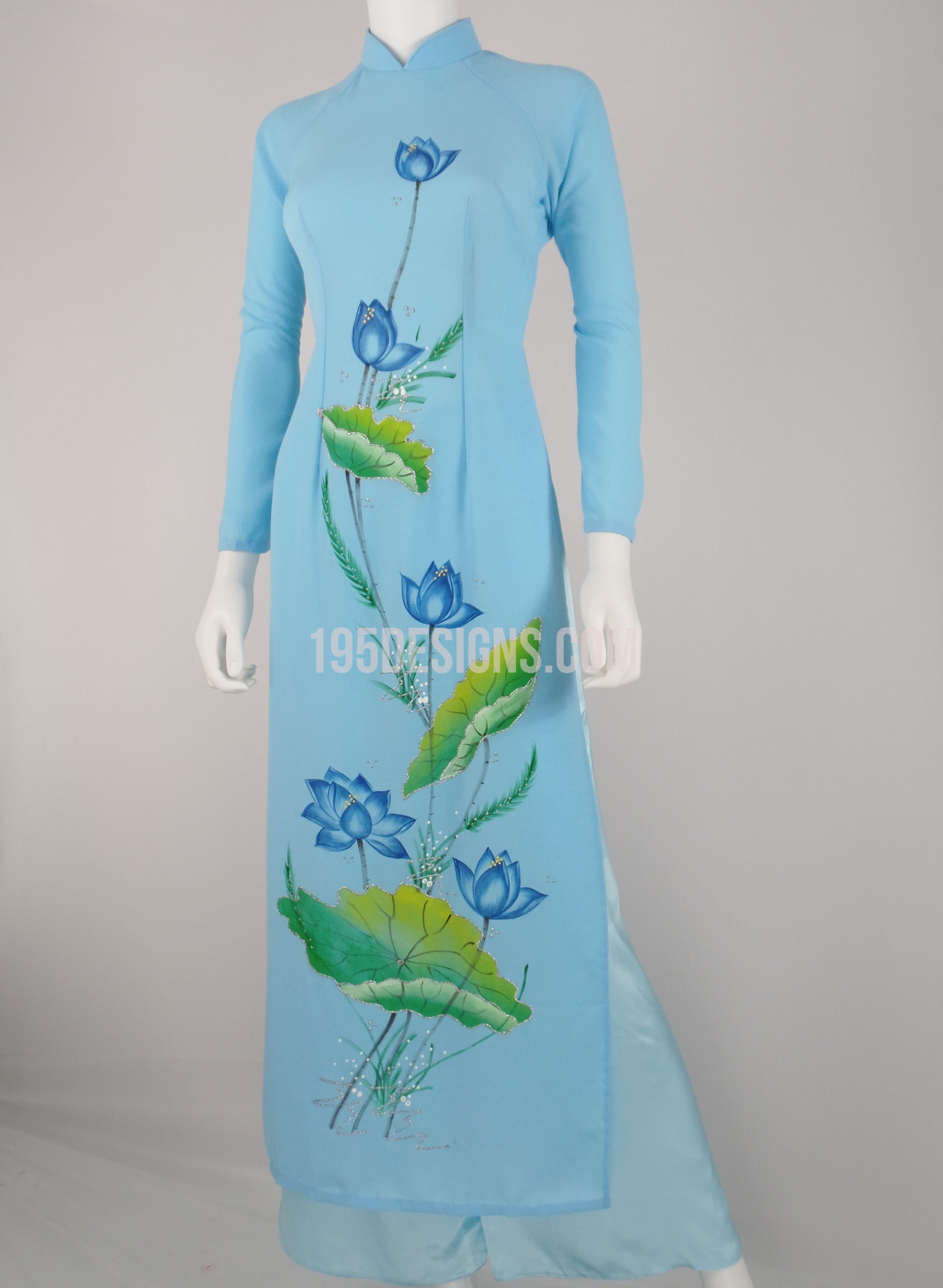 ÁO DÀI Xanh Vẽ Hoa Sen  | Blue AO DAI Paint Lotus flower Set Size 8