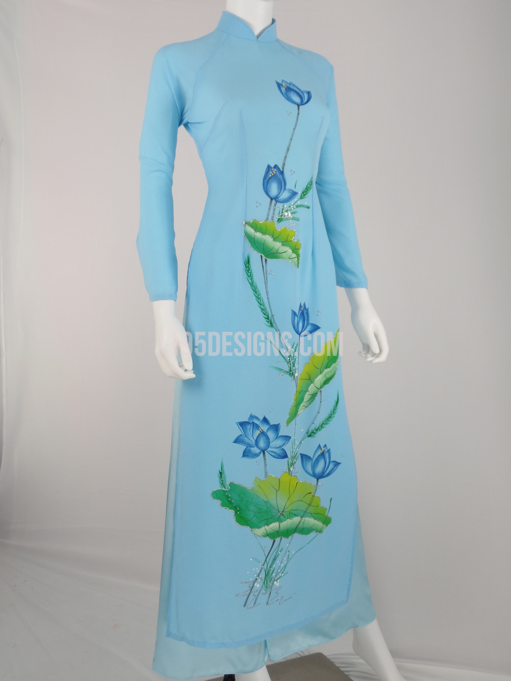 ÁO DÀI Xanh Vẽ Hoa Sen  | Blue AO DAI Paint Lotus flower Set Size 8