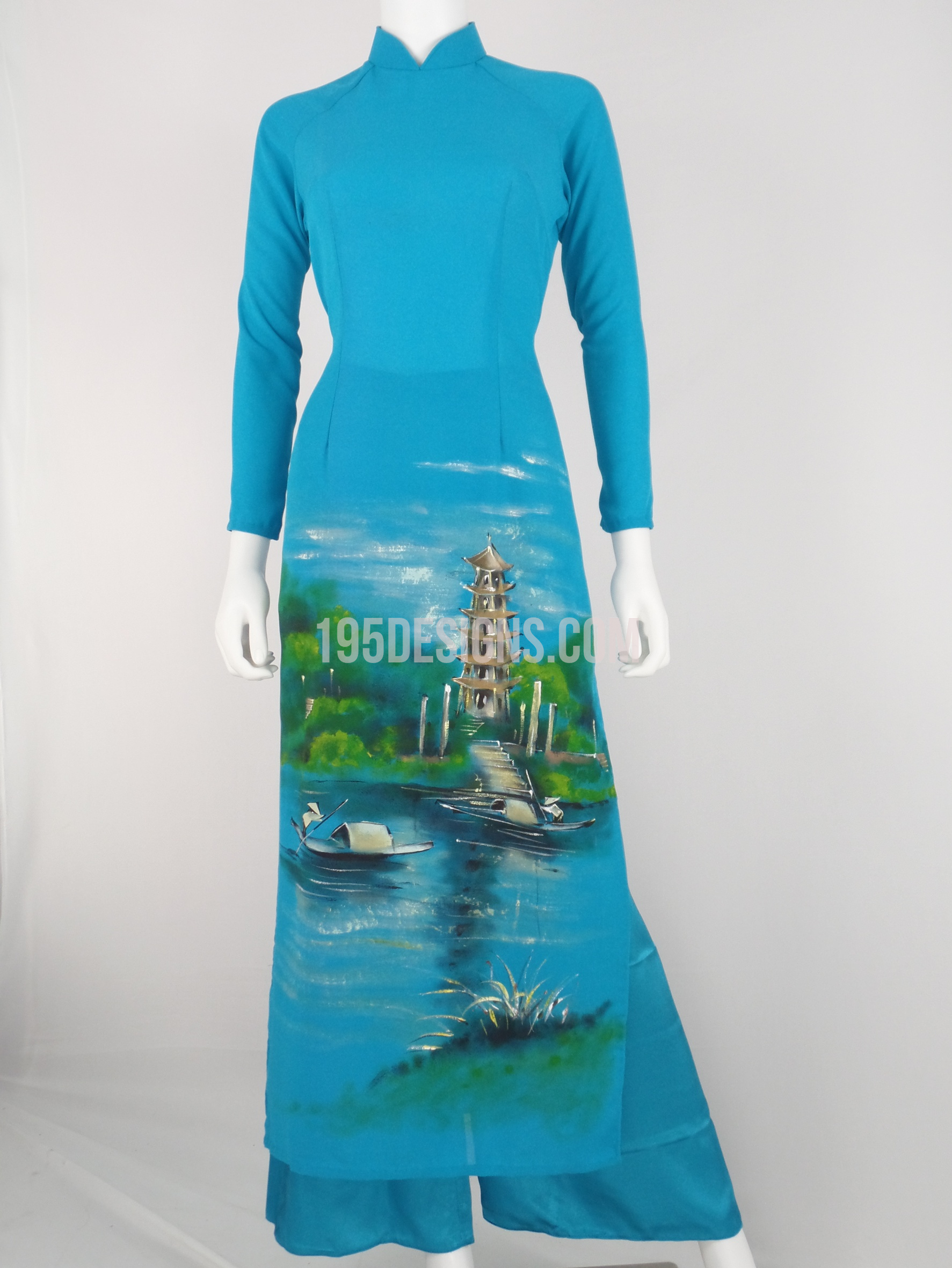 ÁO DÀI Xanh Bích Hồ Gươm  | Blue AO DAI Paint Lake Set Size 10