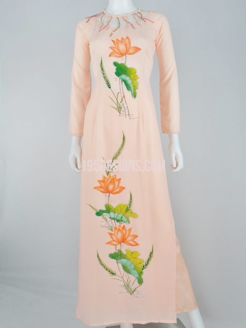 ÁO DÀI Cam Vẽ Hoa Sen  | Carol AO DAI Paint Lotus flower Set Size 8