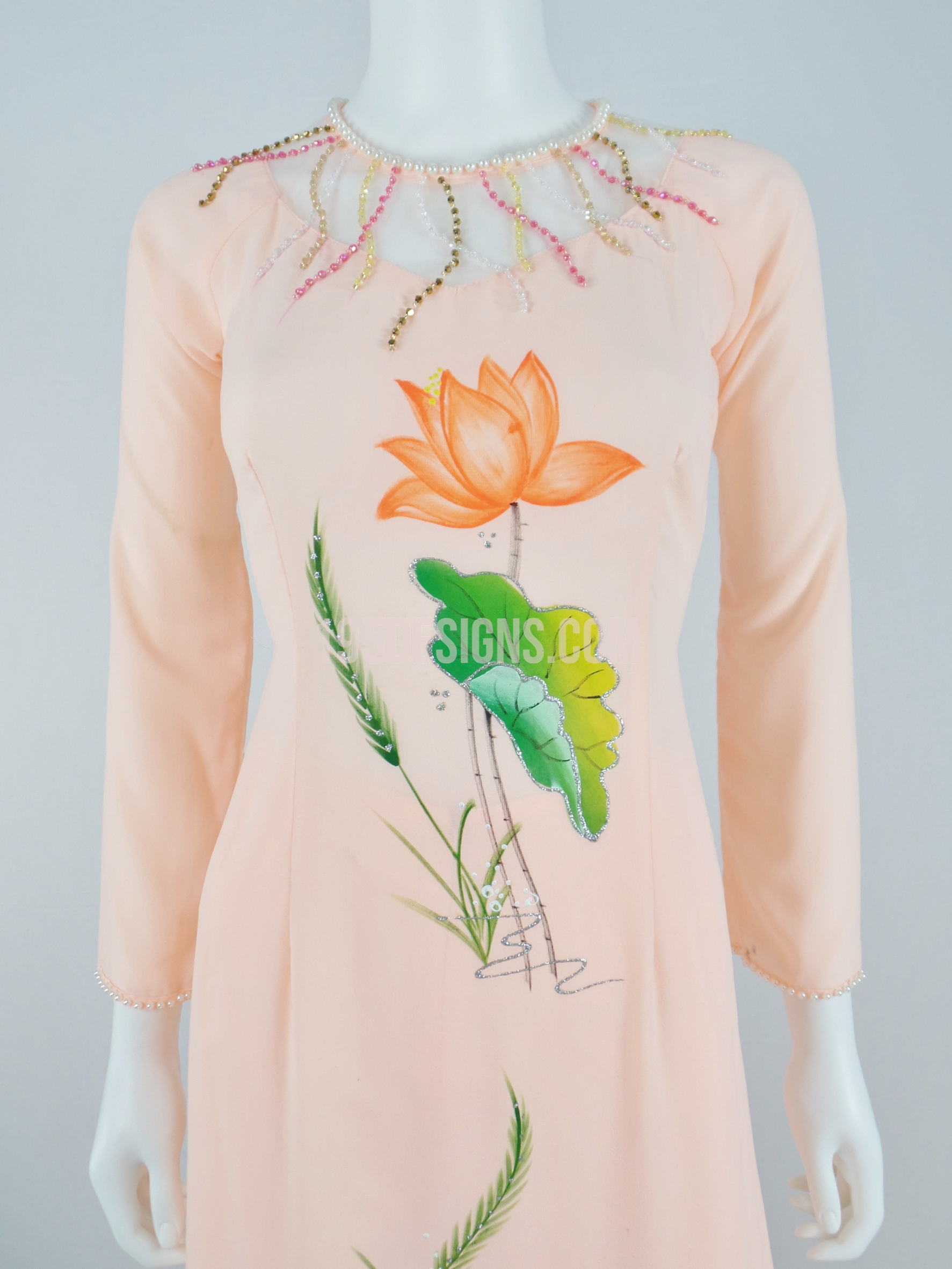 ÁO DÀI Cam Vẽ Hoa Sen  | Carol AO DAI Paint Lotus flower Set Size 8