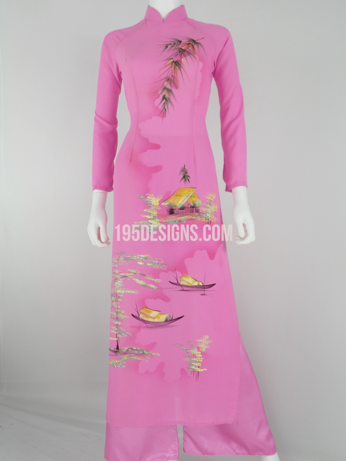 ÁO DÀI Hồng Vẻ Cảnh Quê  | Pink AO DAI Vietnam Country Houses Set Size 8-9