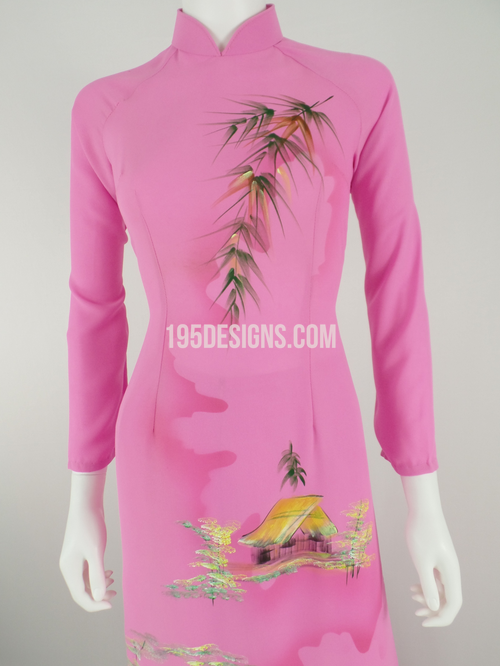 ÁO DÀI Hồng Vẻ Cảnh Quê  | Pink AO DAI Vietnam Country Houses Set Size 8-9