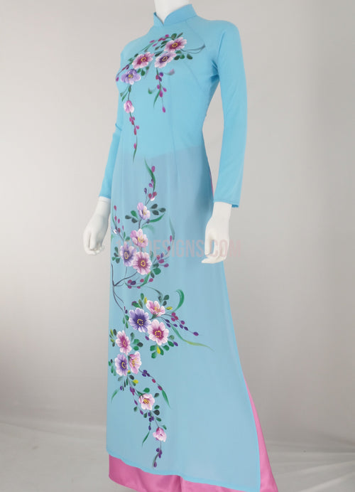 Ao Dai Tầm ý Xanh Vẽ Hoa - Ao Dai Sky Blue