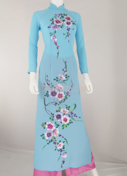 Ao Dai Tầm ý Xanh Vẽ Hoa - Ao Dai Sky Blue