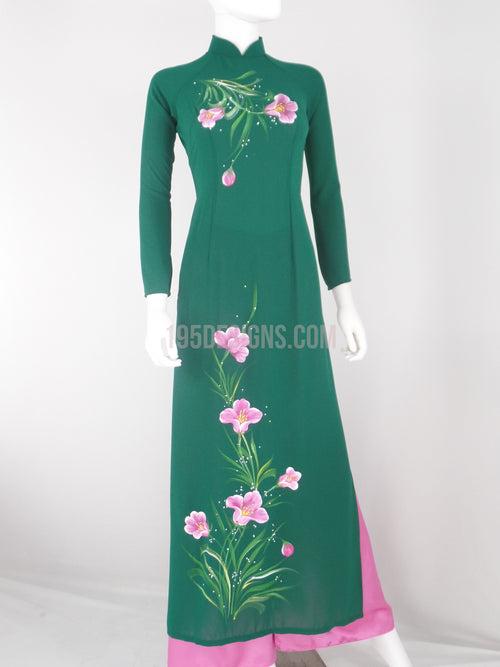 Ao Dai xanh cổ vịt tầm ý vẽ hoa