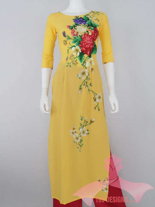 Áo Dài vàng lụa giản hoa Xuân I Yellow Flower Vietnamese Ao Dai
