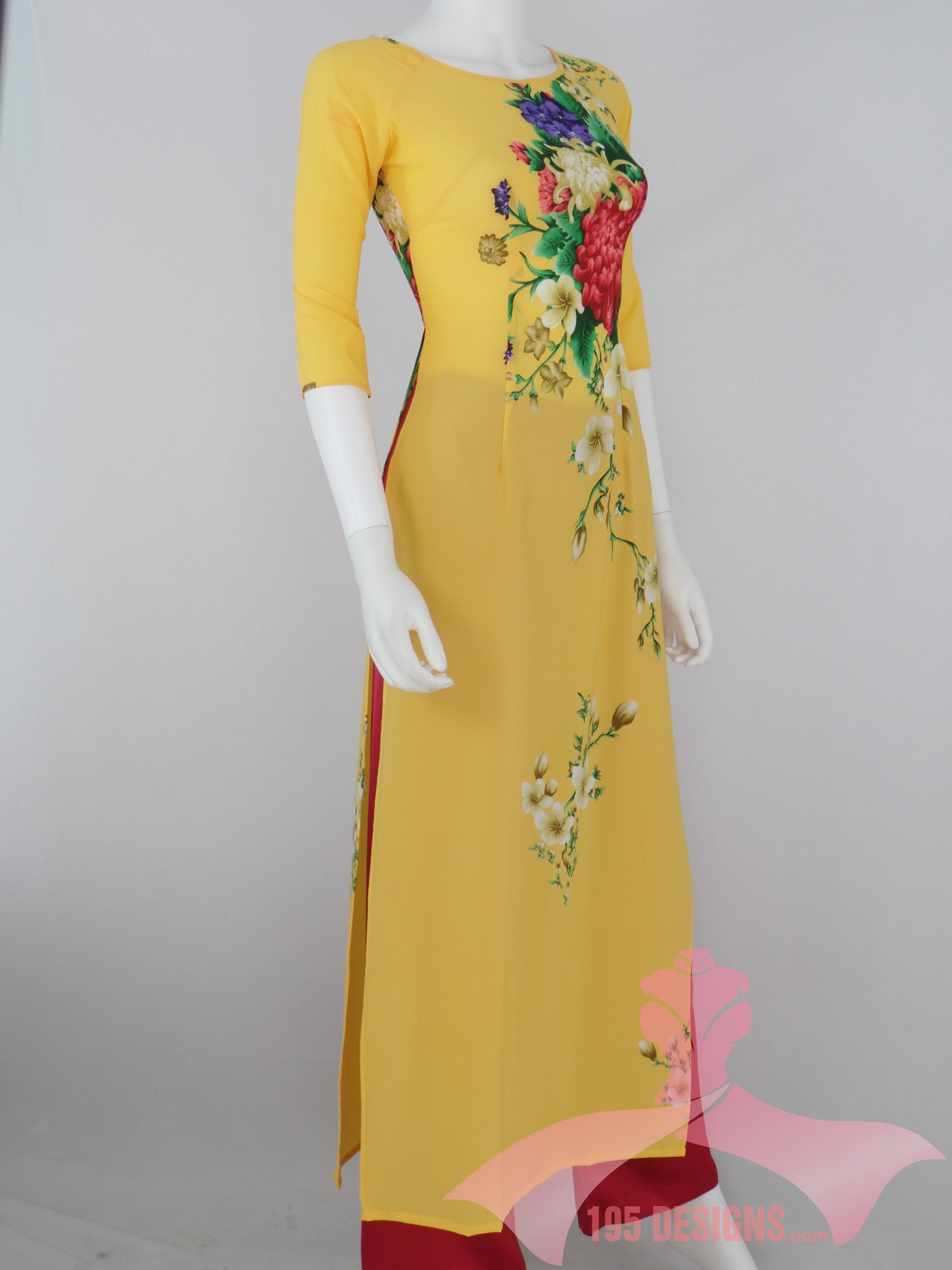 Áo Dài vàng lụa giản hoa Xuân I Yellow Flower Vietnamese Ao Dai