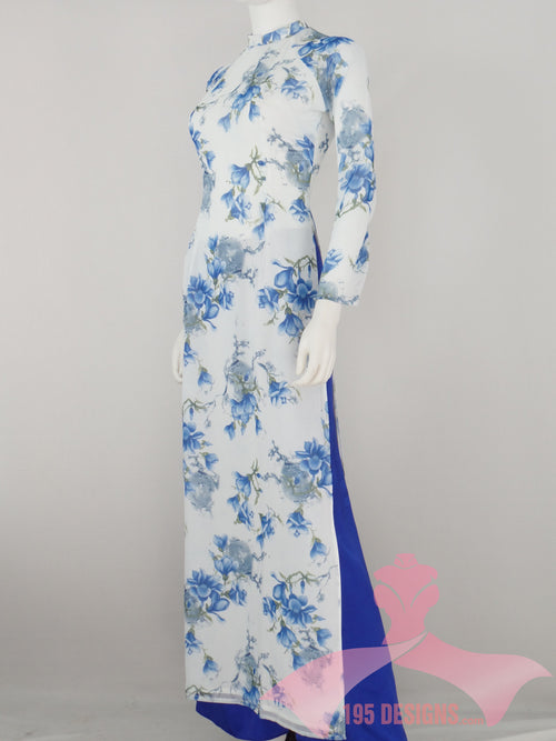 Áo Dài 4 tà voan lụa hoa xanh  I Blue Silk Vietnamese Ao Dai