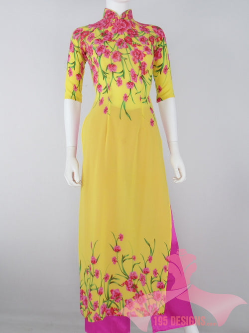 Áo Dài vàng hoa Xuân lụa giản I Yellow Vietnamese Ao Dai