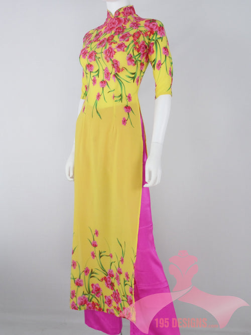 Áo Dài vàng hoa Xuân lụa giản I Yellow Vietnamese Ao Dai