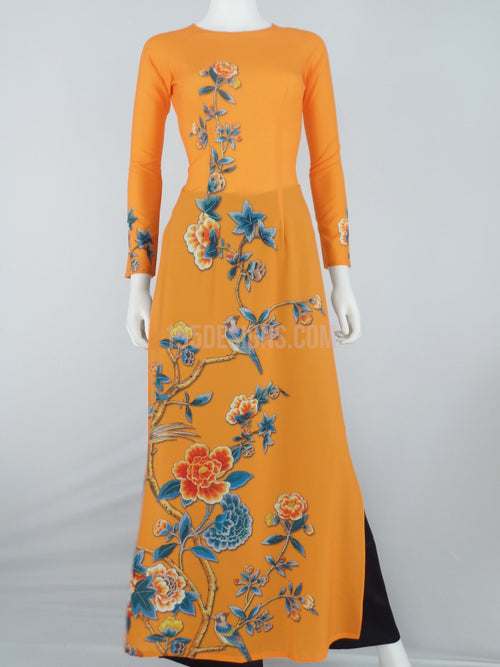 Áo Dài cam lụa giản hoa Xuân | Vietnamese Ao Dai