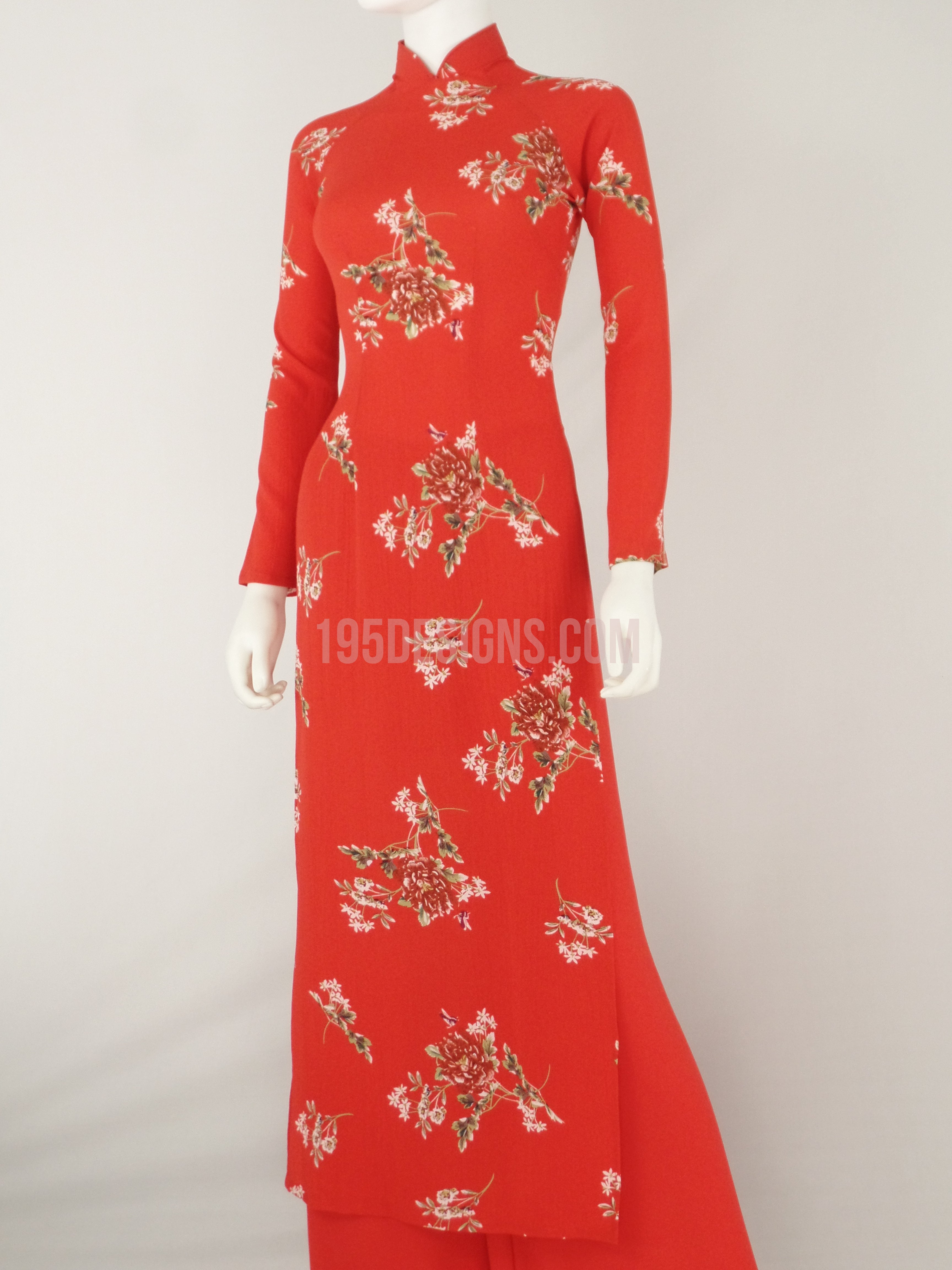Áo Dài đỏ lụa giản hoa Xuân | Vietnamese Ao Dai