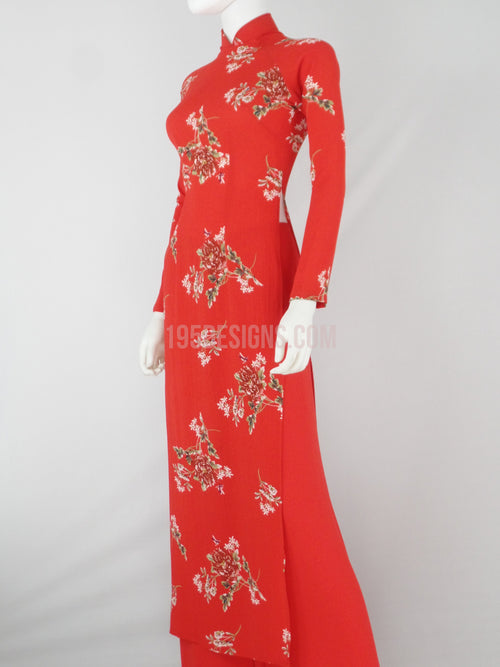 Áo Dài đỏ lụa giản hoa Xuân | Vietnamese Ao Dai