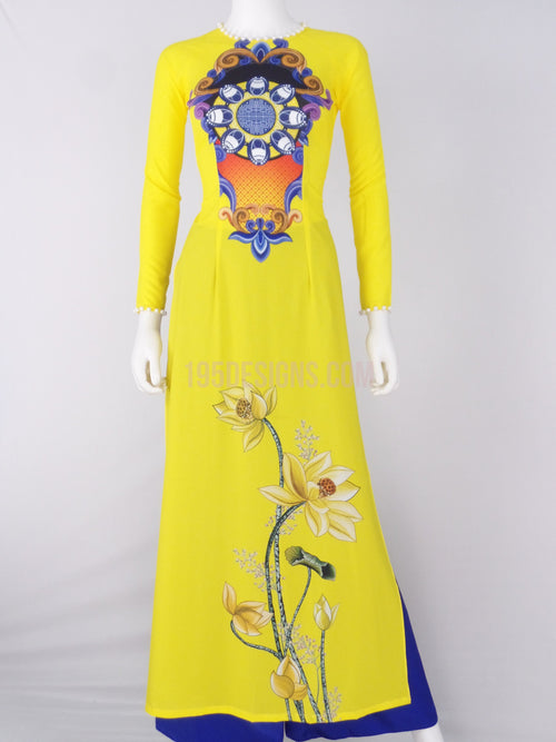 Áo Dài  lụa vàng hoa sen xanh Yellow Vietnamese Ao Dai