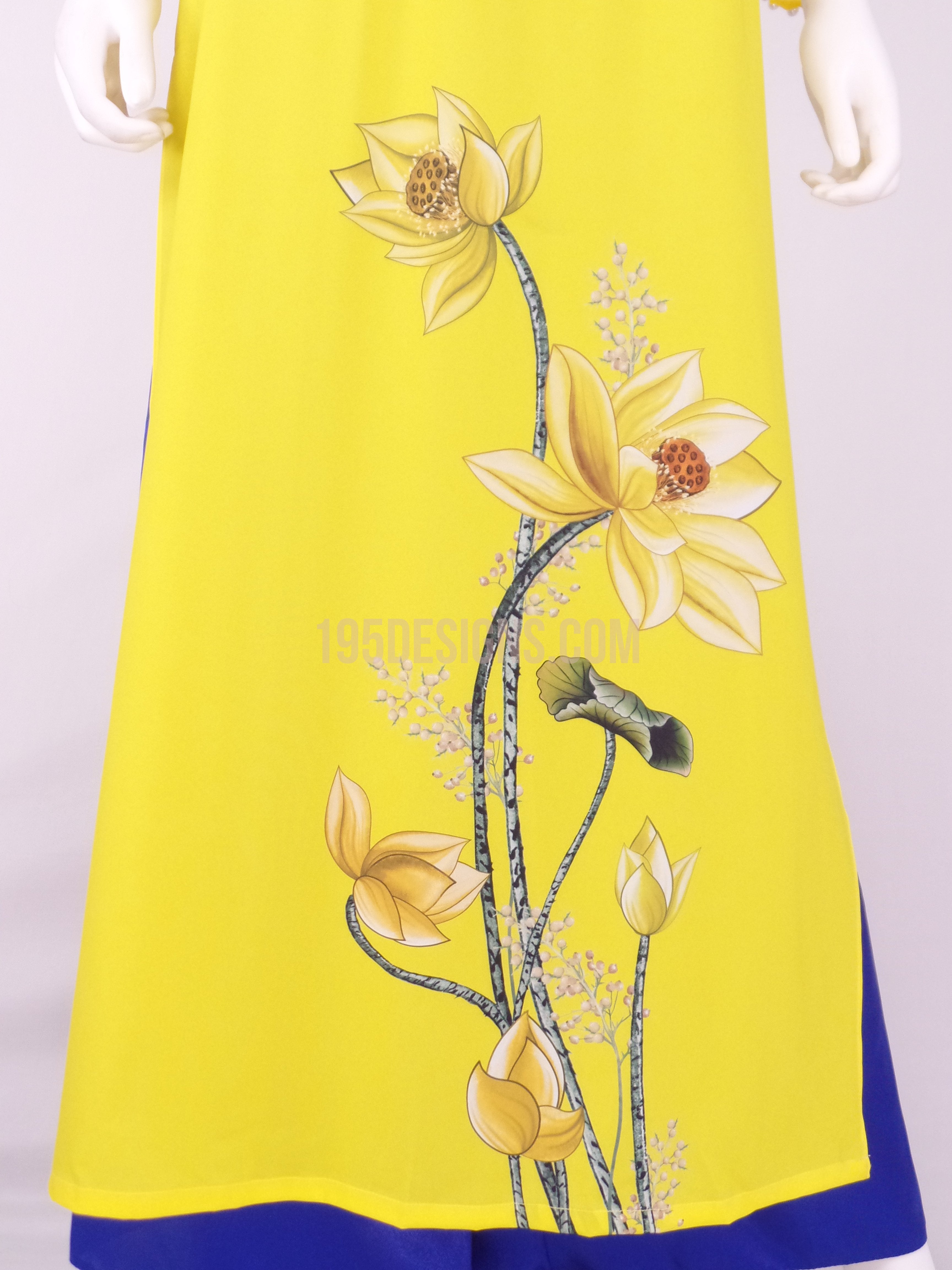 Áo Dài  lụa vàng hoa sen xanh Yellow Vietnamese Ao Dai