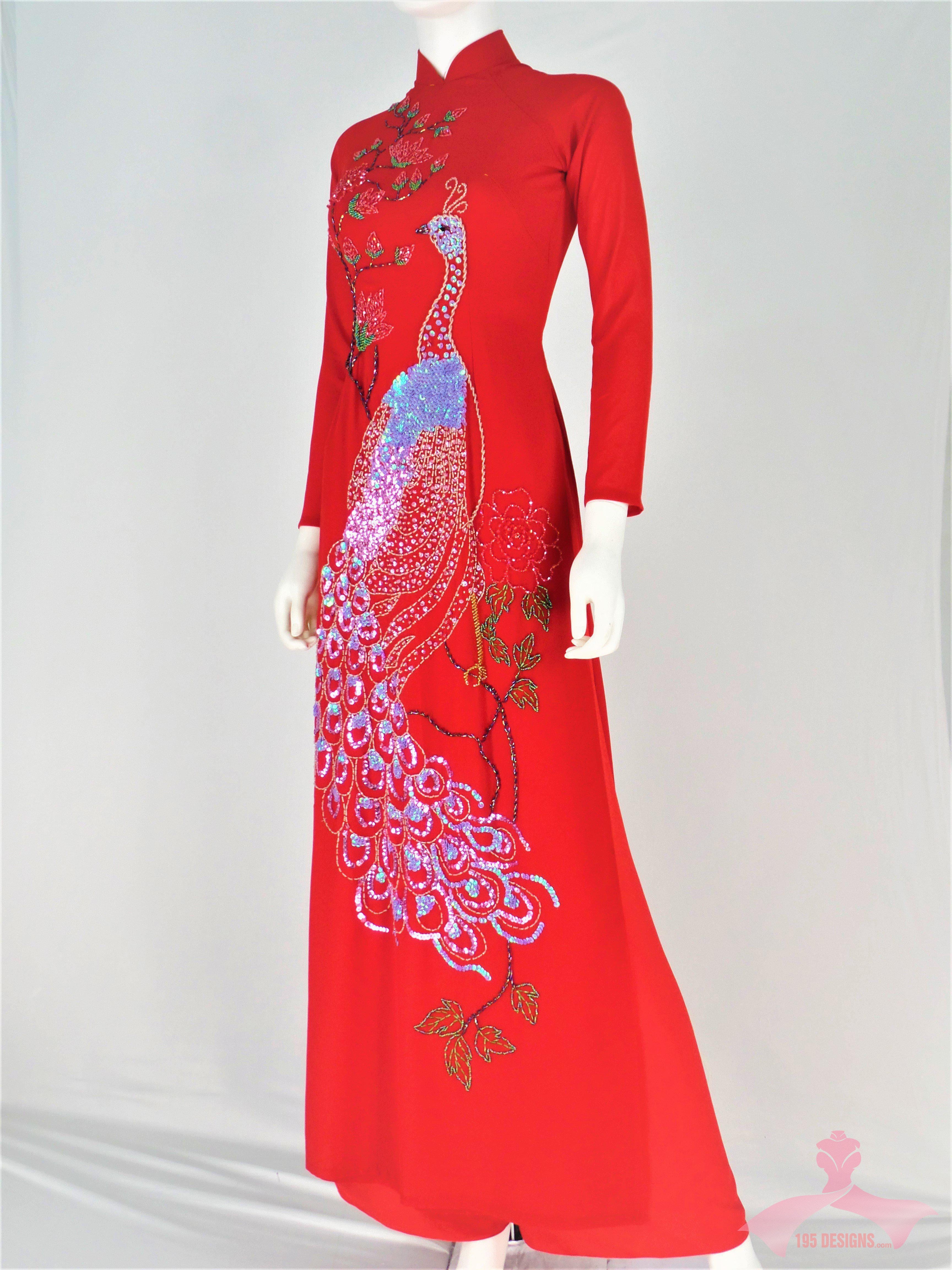 Red Ao Dai Crystal Peacock Vietnamese Long Dress / Áo Dài Đỏ Đính Đá Cườm Con Công