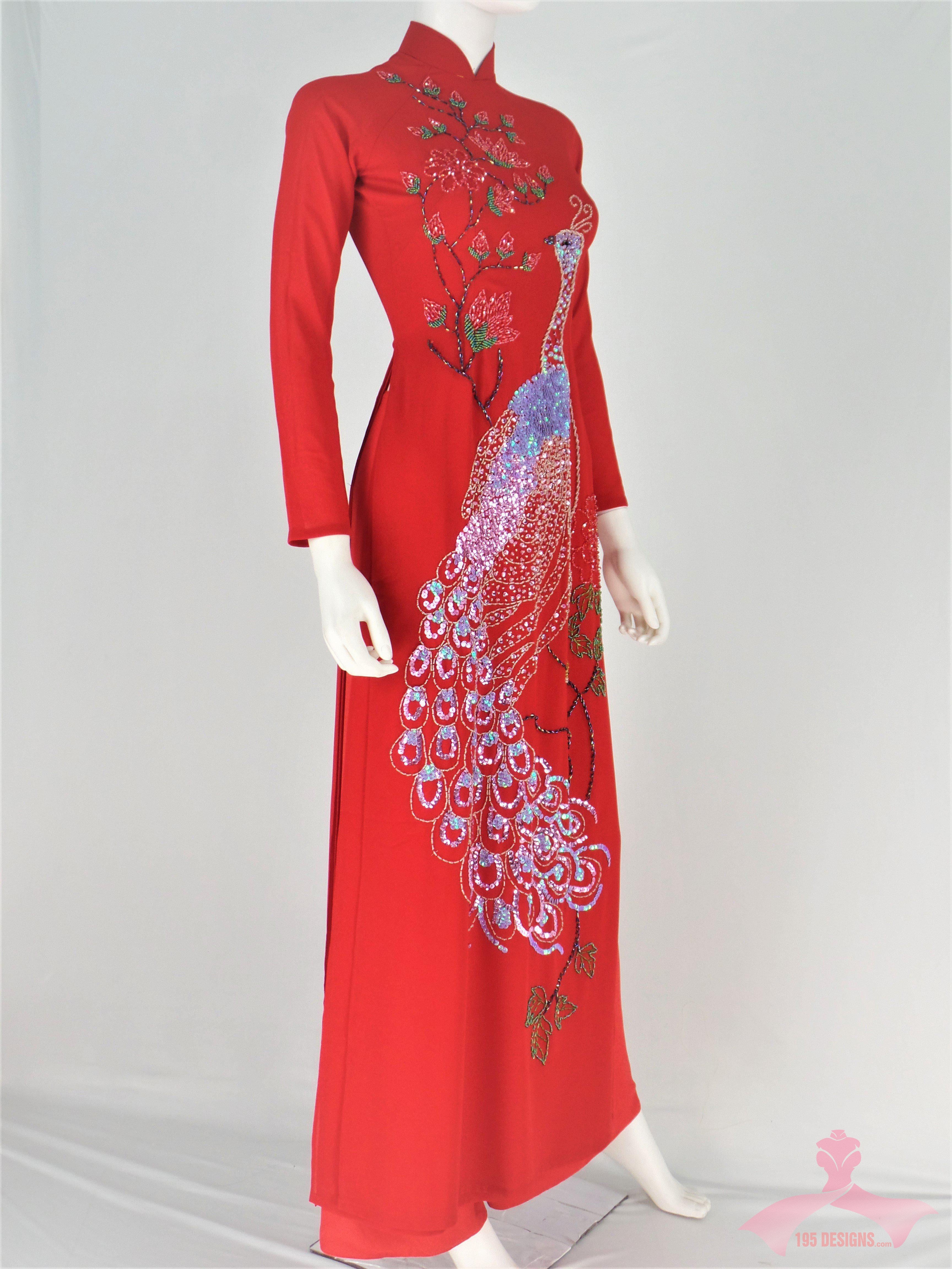 Red Ao Dai Crystal Peacock Vietnamese Long Dress / Áo Dài Đỏ Đính Đá Cườm Con Công