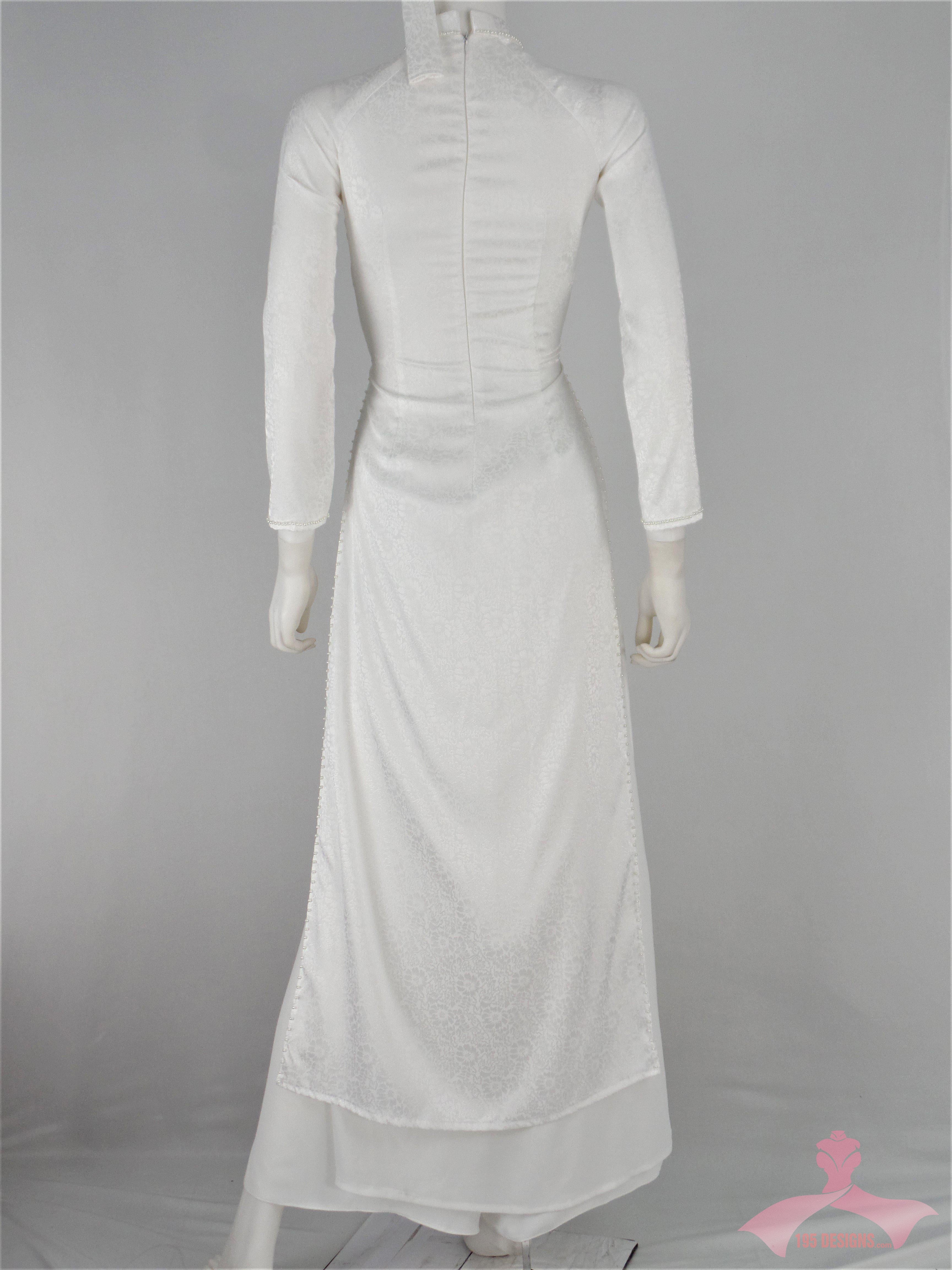 Áo Dài gấm trắng thêu đôi chim Thiên Nga  - White brocade Ao Dai Vietnamese long dress