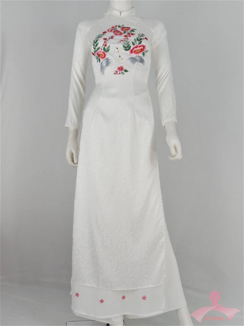 Áo Dài gấm trắng thêu đôi chim Thiên Nga  - White brocade Ao Dai Vietnamese long dress