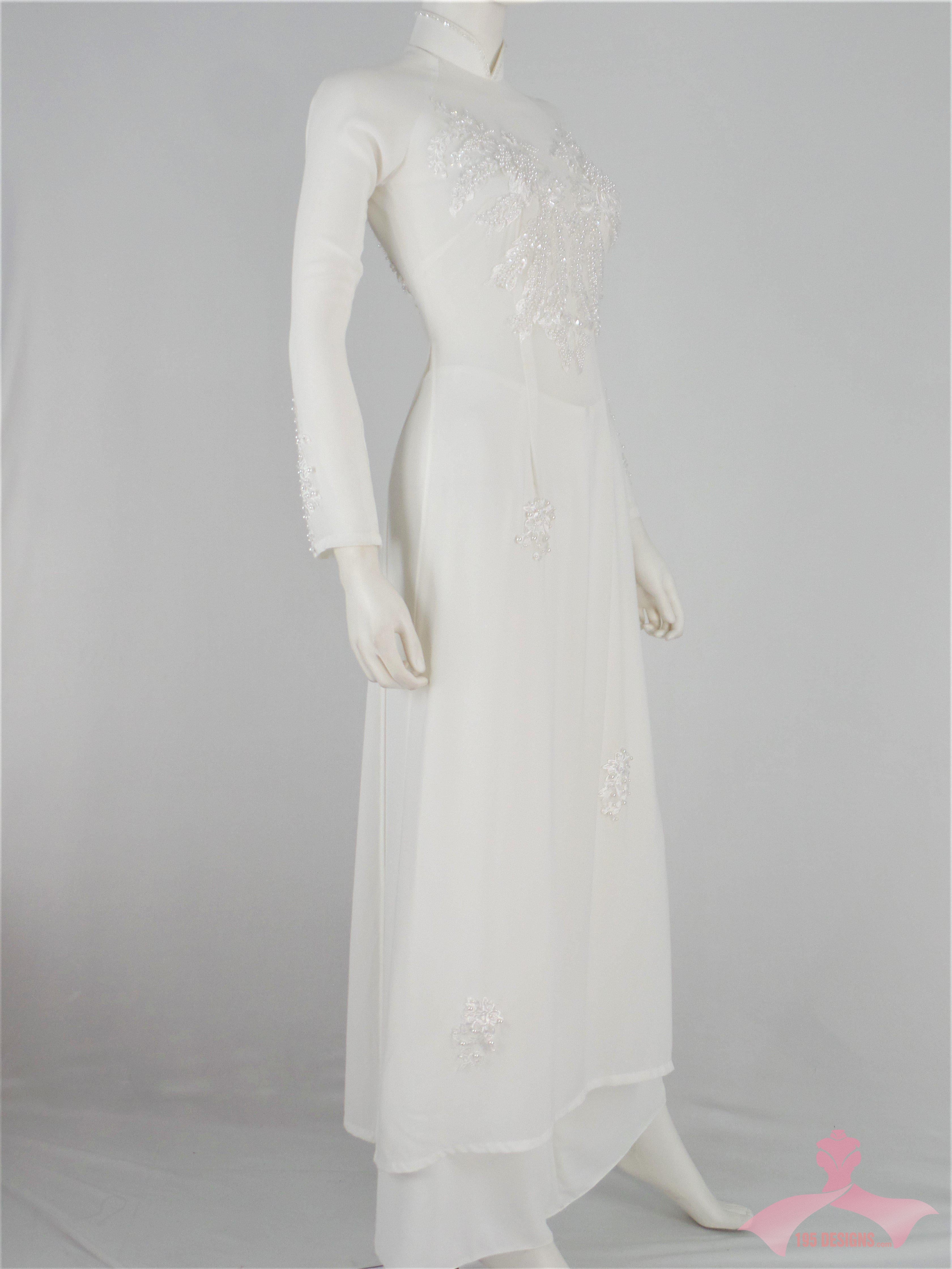 White Ao Dai Crystal Vietnamese Long Dress - Áo Dài trắng tầm ý kết pha lê