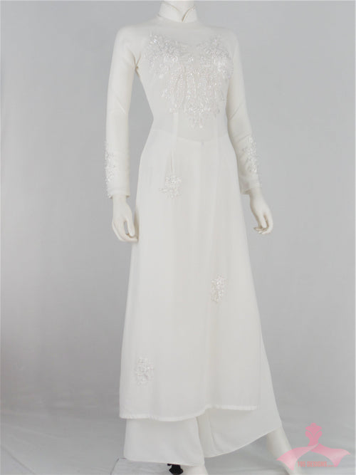 White Ao Dai Crystal Vietnamese Long Dress - Áo Dài trắng tầm ý kết pha lê